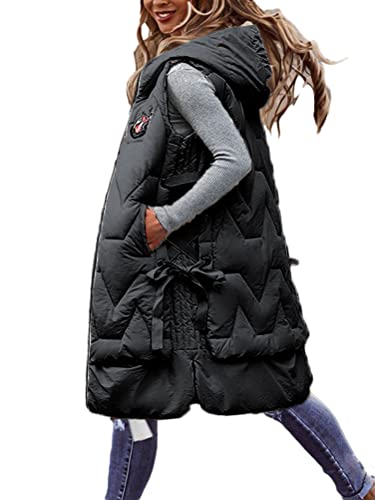 ORANDESIGNE Daunenweste Damen Lang Steppweste Wintermantel Vest Weste Mantel Ärmellose Warmer Daunenmantel mit Taschen Daunenjacke Steppjacke Outdoor 01 Schwarz S von ORANDESIGNE