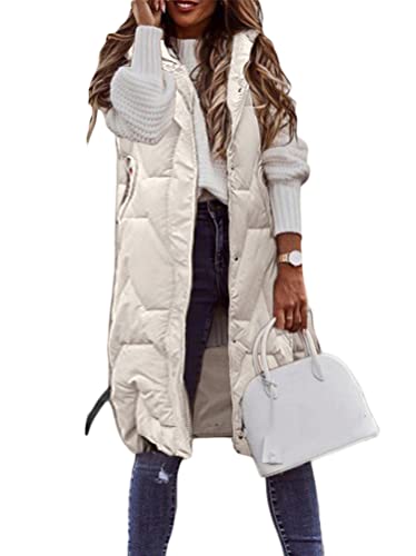 ORANDESIGNE Daunenweste Damen Lang Winterjacke Daunenjacke Warm Weste Jacke mit Kapuze Steppjacke Wintermantel Casual Daunenmantel Slim Gilet mit Taschen A Beige M von ORANDESIGNE