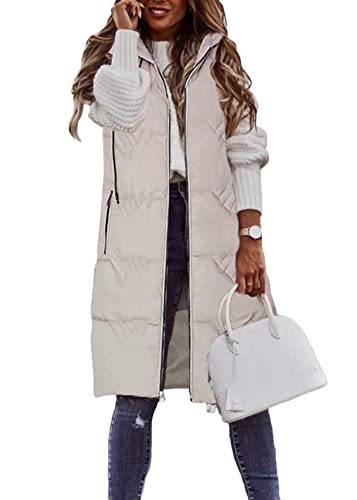 ORANDESIGNE Daunenweste Damen Lang Winterjacke Daunenjacke Warm Weste Jacke mit Kapuze Steppjacke Wintermantel Casual Daunenmantel Slim Gilet mit Taschen C Beige XL von ORANDESIGNE