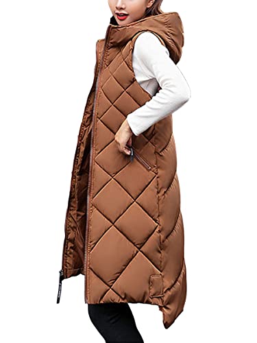 ORANDESIGNE Steppweste Damen Lang Schwarz Daunenweste Winterweste Lang ärmellos Daunen Unifarben Warme Weste Jacke Daunenmantel Weibliche Oberbekleidung Dicker Slim Zip Gilet Mädchen F Braun S von ORANDESIGNE