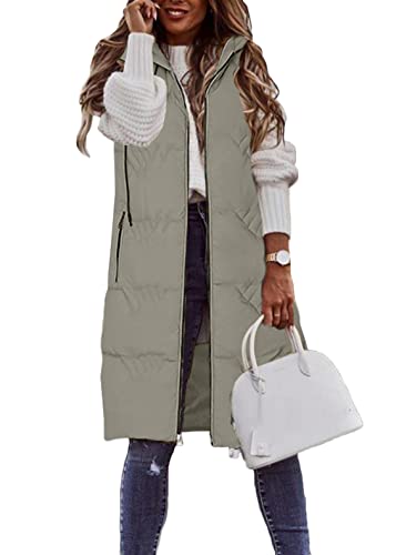 ORANDESIGNE Daunenweste Damen Lang Winterjacke Daunenjacke Warm Weste Jacke mit Kapuze Steppjacke Wintermantel Daunenmantel Slim Gilet mit Taschen C Grün M von ORANDESIGNE