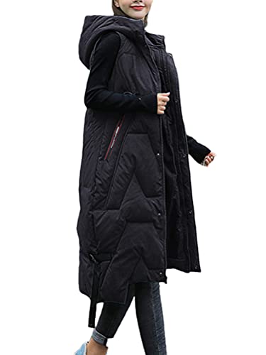 ORANDESIGNE Daunenweste Damen Lang Wintermantel Vest mit Kapuze Weste Mantel Ärmellose Warmer Daunenmantel mit Taschen Steppweste Damen Daunenjacke Steppjacke Outdoor A Schwarz L von ORANDESIGNE