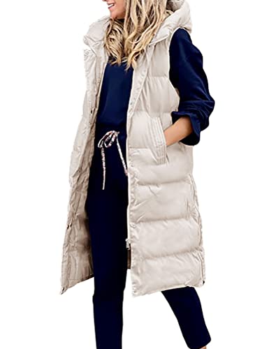 ORANDESIGNE Daunenweste Damen Lang Wintermantel Vest mit Kapuze Weste Mantel Ärmellose Warmer Daunenmantel mit Taschen Steppweste Damen Daunenjacke Steppjacke Outdoor B Beige L von ORANDESIGNE