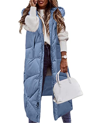 ORANDESIGNE Daunenweste Damen Lang Wintermantel Vest mit Kapuze Weste Mantel Ärmellose Warmer Daunenmantel mit Taschen Steppweste Damen Daunenjacke Steppjacke Outdoor B Blau XL von ORANDESIGNE