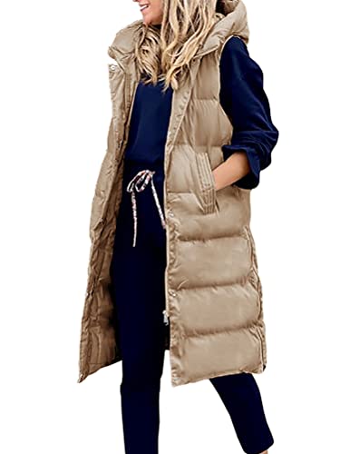 ORANDESIGNE Daunenweste Damen Lang Wintermantel Vest mit Kapuze Weste Mantel Ärmellose Warmer Daunenmantel mit Taschen Steppweste Damen Daunenjacke Steppjacke Outdoor B Khaki XL von ORANDESIGNE