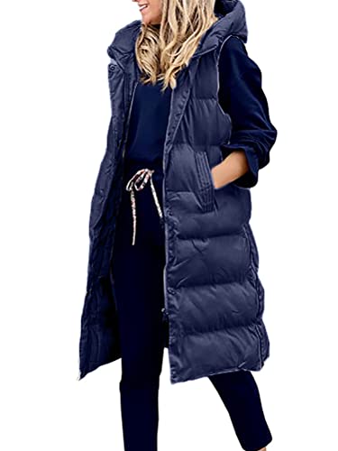 ORANDESIGNE Daunenweste Damen Lang Wintermantel Vest mit Kapuze Weste Mantel Ärmellose Warmer Daunenmantel mit Taschen Steppweste Damen Daunenjacke Steppjacke Outdoor B Navy Blau XL von ORANDESIGNE