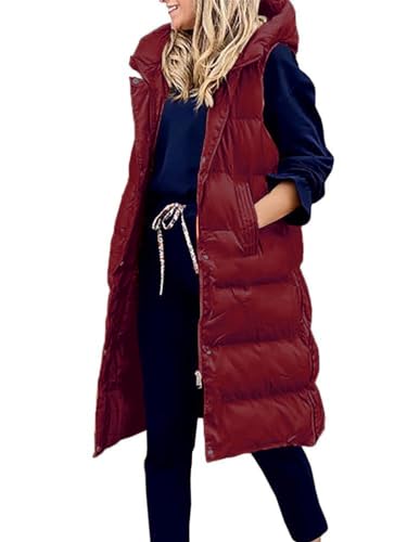 ORANDESIGNE Daunenweste Damen Lang Wintermantel Vest mit Kapuze Weste Mantel Ärmellose Warmer Daunenmantel mit Taschen Steppweste Damen Daunenjacke Steppjacke Outdoor B Rot XL von ORANDESIGNE