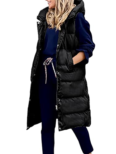 ORANDESIGNE Daunenweste Damen Lang Wintermantel Vest mit Kapuze Weste Mantel Ärmellose Warmer Daunenmantel mit Taschen Steppweste Damen Daunenjacke Steppjacke Outdoor B Schwarz XXL von ORANDESIGNE