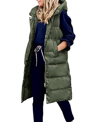 ORANDESIGNE Daunenweste Damen Lang Wintermantel Vest mit Kapuze Weste Mantel Ärmellose Warmer Daunenmantel mit Taschen Steppweste Damen Daunenjacke Steppjacke Outdoor Coat B Grün L von ORANDESIGNE