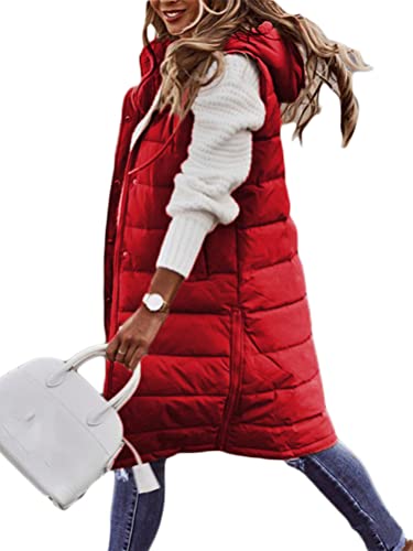 ORANDESIGNE Daunenweste Damen Lang mit Kapuze Steppweste Leicht Weste Dünn Årmellos Jacke Gesteppte Daunenmantel Warm Winter Outdoor Übergangsjacke Parka Steppjacke Maxi Daunenjacke A Rot M von ORANDESIGNE