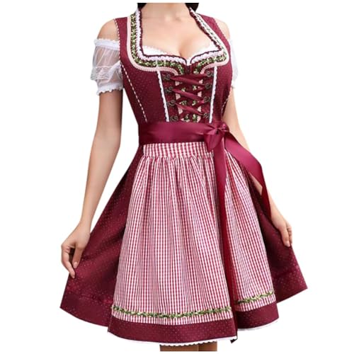 ORANDESIGNE Dirndl Damen Midi Trachtenkleid Trachtenrock Dirndlbluse Dirndlschürze für Oktoberfest Jährliches Dorffest Kirmes Karneval B Weinrot L von ORANDESIGNE