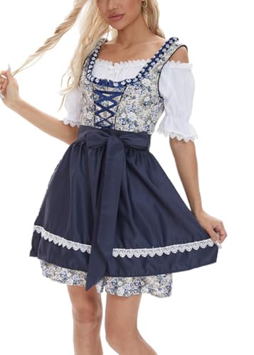 ORANDESIGNE Dirndl Damen Trachtenkleid Traditionelles Oktoberfest Damen Outfit inkl. Dirndlbluse Dirndlschürze 3 Teilig für Volksfeste und Feierlichkeiten A Blau XS von ORANDESIGNE