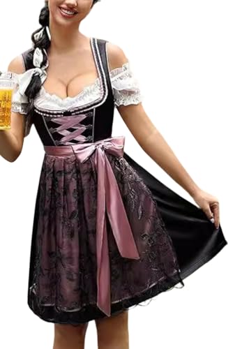ORANDESIGNE Dirndl Damen Trachtenkleid Traditionelles Oktoberfest Damen Outfit inkl. Dirndlbluse Dirndlschürze 3 Teilig für Volksfeste und Feierlichkeiten D Schwarz L von ORANDESIGNE