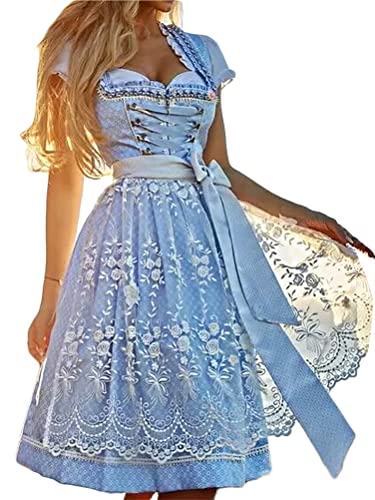 ORANDESIGNE Dirndl Damen midi Trachtenkleid Blau Trachtenmode Trachtenrock Kleid inkl. Dirndlbluse Dirndlschürze 3 teilig für Oktoberfest Besondere Anlässe A 3XL Grau von ORANDESIGNE