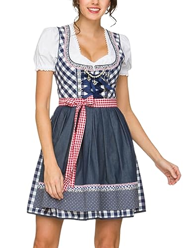 ORANDESIGNE Dirndl Damen midi Trachtenkleid Damen Trachtenrock Trachtenmode Kleid Dirndlbluse für Oktoberfest K Dunkelblau L von ORANDESIGNE