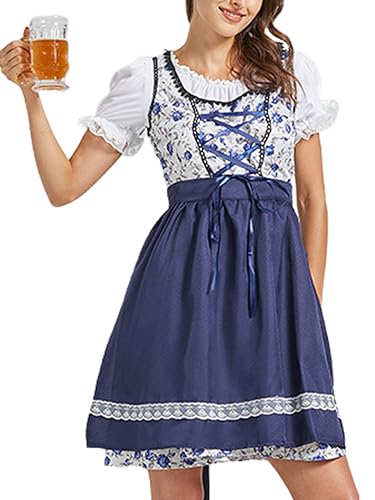 ORANDESIGNE Dirndl Damen midi Trachtenkleid Damen Trachtenrock Trachtenmode Kleid Dirndlbluse für Oktoberfest O Blau M von ORANDESIGNE