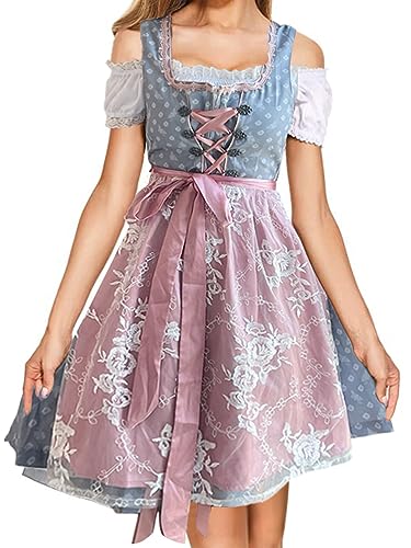 ORANDESIGNE Dirndl Damen midi Trachtenkleid Damen Trachtenrock Trachtenmode Kleid Dirndlbluse für Oktoberfest Rosa D Rosa XS von ORANDESIGNE