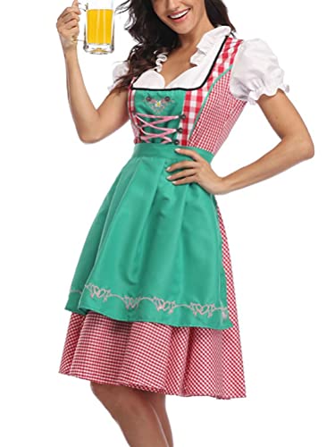 ORANDESIGNE Dirndl Damen midi Trachtenkleid Trachtenmode Trachtenrock Kleid inkl. Dirndlbluse Dirndlschürze 3 teilig für Oktoberfest Besondere Anlässe Grau C Grün XL von ORANDESIGNE