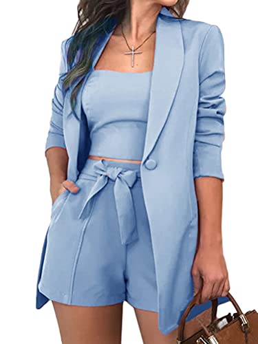 ORANDESIGNE Dreiteiliger Anzug Damen Einfarbiges Leibchen Mode EIN Knopf Blazer Hoher Taille Shorts mit Gürtel Tasche 3 Set Damen Oberteile Weste Blazer Mantel Anzugshorts Sommer A Blau L von ORANDESIGNE