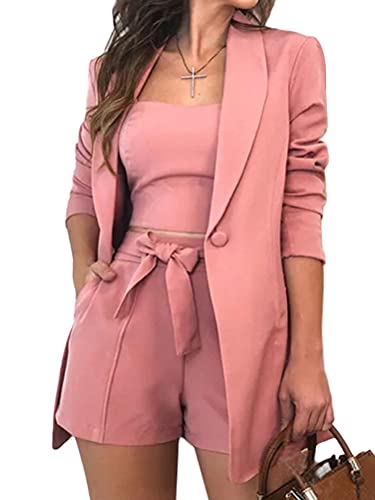 ORANDESIGNE Dreiteiliger Anzug Damen Einfarbiges Leibchen Mode EIN Knopf Blazer Hoher Taille Shorts mit Gürtel Tasche 3 Set Damen Oberteile Weste Blazer Mantel Anzugshorts Sommer A Rosa S von ORANDESIGNE