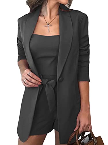 ORANDESIGNE Dreiteiliger Anzug Damen Einfarbiges Leibchen Mode EIN Knopf Blazer Hoher Taille Shorts mit Gürtel Tasche 3 Set Damen Oberteile Weste Blazer Mantel Anzugshorts Sommer A Schwarz 3XL von ORANDESIGNE