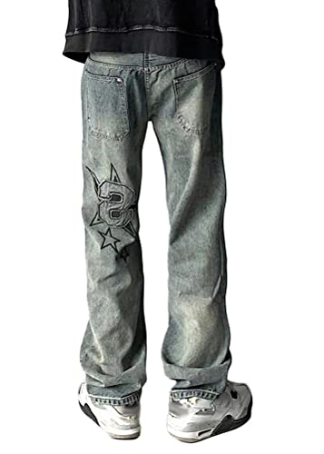 ORANDESIGNE E Blau Hip Hop Jeans Herren Baggy Jeans Straight Leg Gewaschen Jeanshose Casual Denim Hosen Vintage Bedruckte Jeans Teenager Jungen Skateboard Hose Streetwear S von ORANDESIGNE