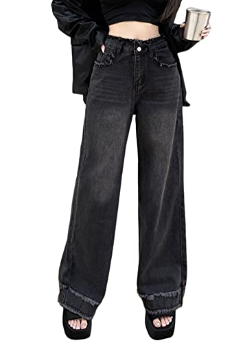 ORANDESIGNE E Schwarz Damen Cargohose Baggy Hohe Taille Gerade Breites Bein Baggy Denim Hosen Y2k Aesthetic Vintage Lang Freizeithose 90er E-Girl Streetwear L von ORANDESIGNE