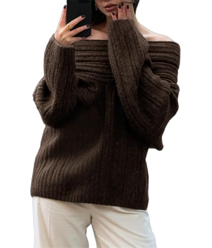 ORANDESIGNE Einfarbiger Strickpullover für Damen Off-Shoulder Pullover Langarmshirt Frauen Herbst Winter Langarm Jumper Sweater Pulli Strickpulli Shirt Tops Strickoberteil A Braun S von ORANDESIGNE