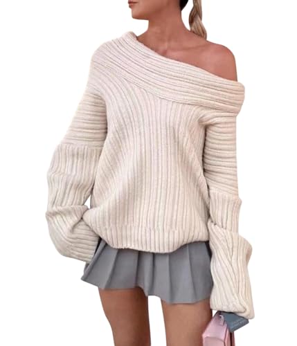 ORANDESIGNE Einfarbiger Strickpullover für Damen Off-Shoulder Pullover Langarmshirt Frauen Herbst Winter Langarm Jumper Sweater Pulli Strickpulli Shirt Tops Strickoberteil A Weiß S von ORANDESIGNE