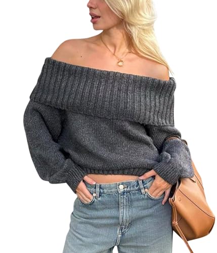 ORANDESIGNE Einfarbiger Strickpullover für Damen Off-Shoulder Pullover Langarmshirt Frauen Herbst Winter Langarm Jumper Sweater Pulli Strickpulli Shirt Tops Strickoberteil B Dunkelgrau S von ORANDESIGNE