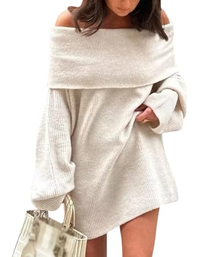 ORANDESIGNE Einfarbiger Strickpullover für Damen Off-Shoulder Pullover Langarmshirt Frauen Herbst Winter Langarm Jumper Sweater Pulli Strickpulli Shirt Tops Strickoberteil B Weiß S von ORANDESIGNE