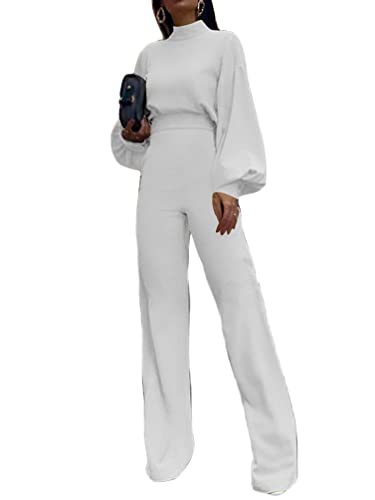 ORANDESIGNE Elegant Jumpsuit Damen Langarm Overall Romper Lang Einfarbig Hosenanzug Playsuit Jumpsuit Einteiler Elegant Lang Playsuit Jogginganzug Romper Strampler Spielanzug A Weiß XXL von ORANDESIGNE