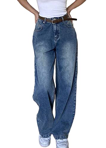 ORANDESIGNE F Blau Damen Cargohose Baggy Hohe Taille Gerade Breites Bein Baggy Denim Hosen Y2k Aesthetic Vintage Lang Freizeithose 90er E-Girl Streetwear XL von ORANDESIGNE