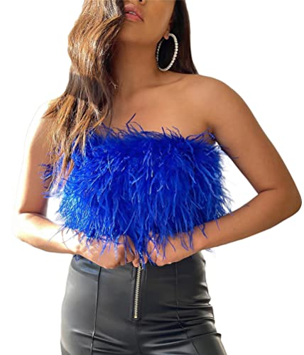 ORANDESIGNE Feder Korsett Damen Kunstfell Feder Weste Sexy Feder Tube Top Ärmellos Trägerlos Flauschig Slim Fit Reißverschluss Crop Tops B Blau S von ORANDESIGNE