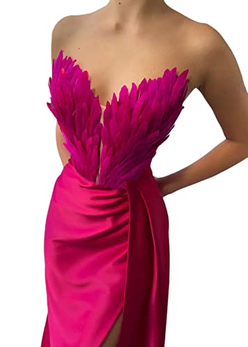 ORANDESIGNE Federn Abendkleid Damen Elegant A-Linie Backless Hochzeitskleid Abendkleider Sexy Cocktailkleid Brautkleid Bodenlanges Kleider Brautjungfer Kleid Maxikleider mit Schlitz A Rosarot M von ORANDESIGNE