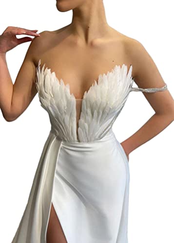 ORANDESIGNE Federn Abendkleid Damen Elegant A-Linie Backless Hochzeitskleid Abendkleider Sexy Cocktailkleid Brautkleid Bodenlanges Kleider Brautjungfer Kleid Maxikleider mit Schlitz A Weiß L von ORANDESIGNE