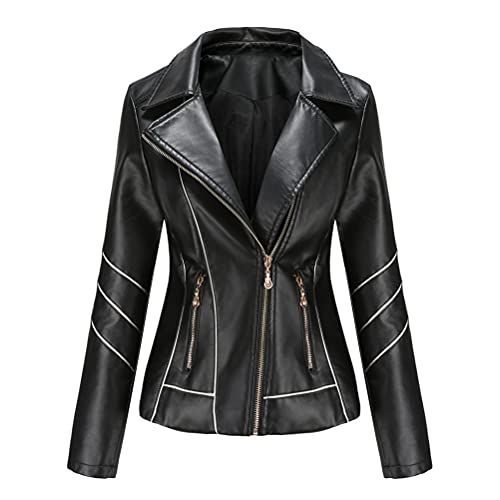 ORANDESIGNE Female Jacke Lederlook Kunstleder Übergangsjacke Reißverschluss Lederjacke Motorradjacke Kapuzenjacke Schwarz L von ORANDESIGNE