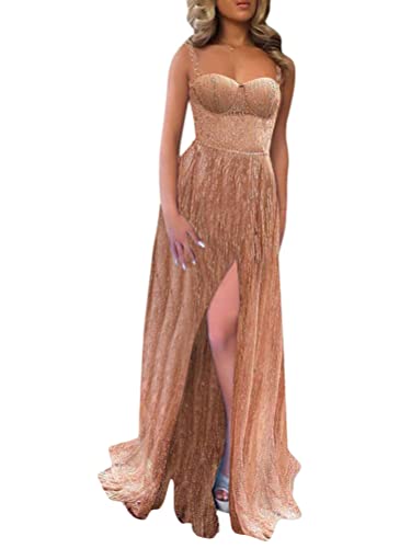 ORANDESIGNE Festliche Kleider Abschlussball Kleider Damen Lang Spitzenkleid A Linie Spaghetti Kleid Cocktailkleid Elegant Brautjungfernkleider Trauzeugin Hochzeit Gast Kleider D Beige XL von ORANDESIGNE