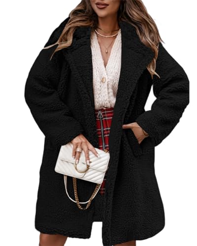 ORANDESIGNE Fleecejacke Damen Teddy Mantel Winter Oversized Plüschmantel Revers Parka Mantel Langarm Plüschmantel Teddymantel mit Taschen A Dunkelblau XL von ORANDESIGNE