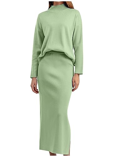 ORANDESIGNE Fräulein 2 Teiliges Herbst Pullover Set FüR Damen Warmer Rippstrick LangäRmliger Rock LäSsige Outfits Kleid Rundhalsausschnitt Modisches Pullover Set A Hellgrün OneSize von ORANDESIGNE