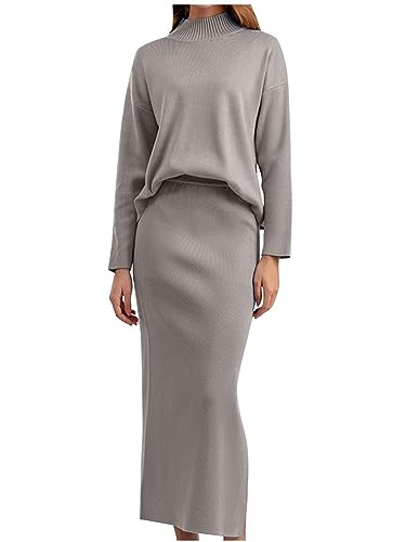ORANDESIGNE Fräulein 2 Teiliges Herbst Pullover Set FüR Damen Warmer Rippstrick LangäRmliger Rock LäSsige Outfits Kleid Rundhalsausschnitt Modisches Pullover Set A Kamel OneSize von ORANDESIGNE