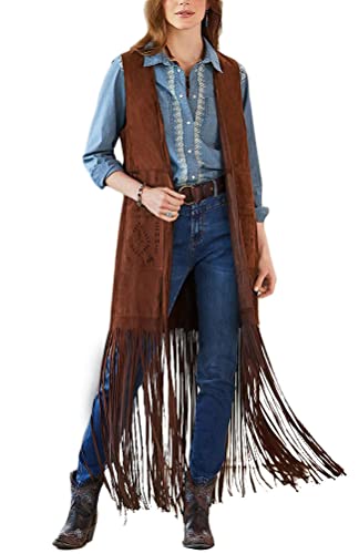 ORANDESIGNE Fransenweste Damen Hippie Lang Fasching Sommer Dünn Weste Armlose Jacke Vintage Cardigan Leicht Ärmello Mantel mit Lochmuster Tasche Gilet Tracht A Braun L von ORANDESIGNE