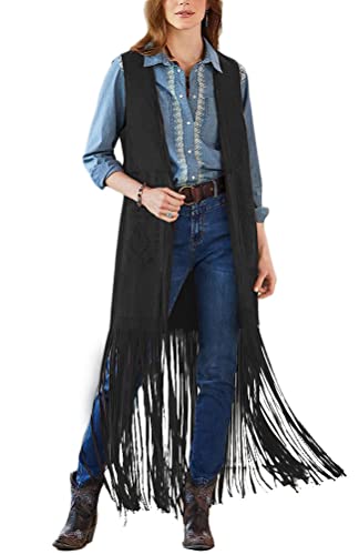 ORANDESIGNE Fransenweste Damen Hippie Lang Fasching Sommer Dünn Weste Armlose Jacke Vintage Cardigan Leicht Ärmello Mantel mit Lochmuster Tasche Gilet Tracht A Schwarz M von ORANDESIGNE