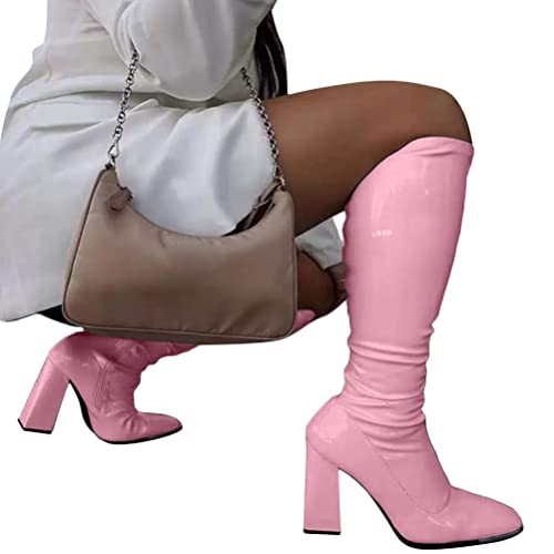 ORANDESIGNE Frau Stiefel Platz Ferse Kniehohe Klassischen Quadratischen Zehe Stiefel PU Leder Zip Stiefel Party Kleid Tanz Schuhe A Rosa 36 EU von ORANDESIGNE