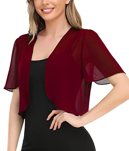 ORANDESIGNE Frauen Achselzucken Chiffon Kurzarm Front öffnen Bolero Strickjacke Oberbekleidung Schal Abend Hochzeit Kap Hemd Tops D Weinrot L von ORANDESIGNE