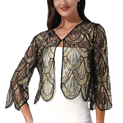 ORANDESIGNE Frauen Achselzucken Pailletten Bolero Strickjacke Oberbekleidung Abend Hochzeit Kap Tops Damen Festlich Bolero Elegant 3/4 Ärmel Bolerojacke zum Kleid für Hochzeit A Gold Einheitsgröße von ORANDESIGNE