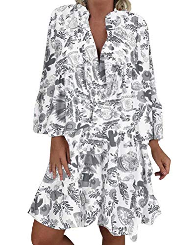 ORANDESIGNE Frauen Große Größen Blumenmuster Kleider Boho Stil Übergröße Sommerkleider Blumendruck Knielang Kleid Kurzarm Kleid Tunika Swing Kleid A Weiß 46 von ORANDESIGNE