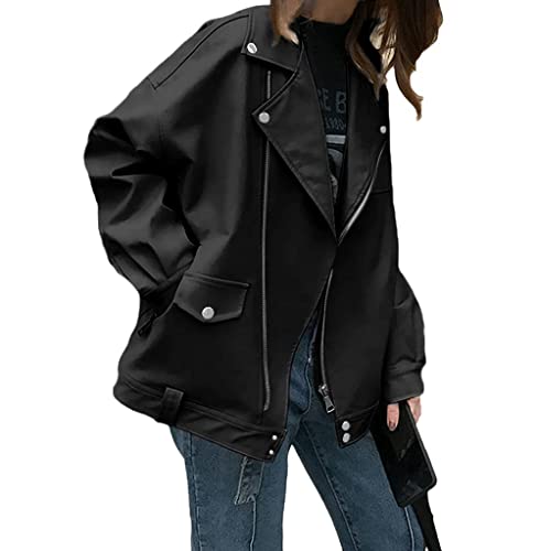ORANDESIGNE Frauen Lederjacke Kurz Jacke aus Kunstleder Jacke Motorrad Jacke Damen PU Lederjacke Bikerjacke mit Reißverschluss für Herbst Cool Vintage Und Oversize Jacke H Schwarz XL von ORANDESIGNE
