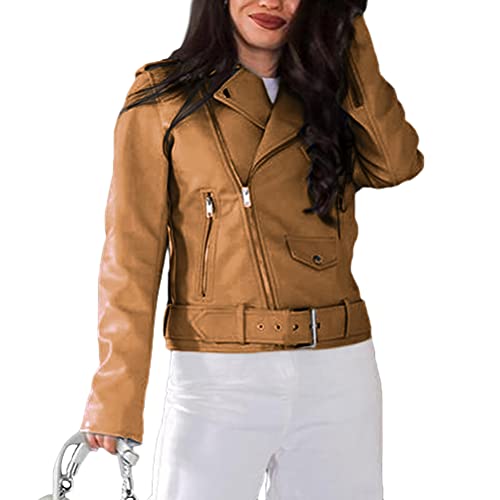 ORANDESIGNE Frauen Lederjacke Kurz Jacke aus Kunstleder Jacke Motorrad Jacke Damen PU Lederjacke Bikerjacke mit Reißverschluss für Herbst Cool Vintage Und Slim Fit Jacke C Braun S von ORANDESIGNE