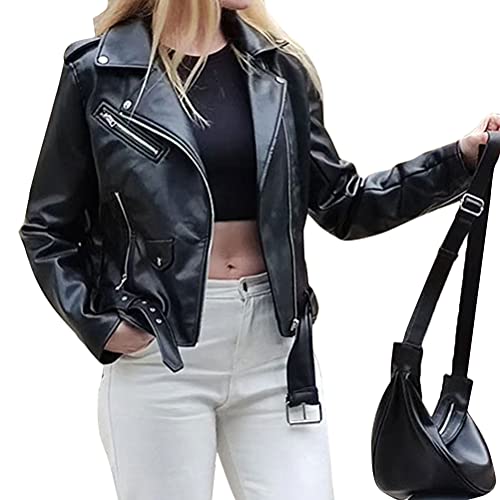 ORANDESIGNE Frauen Lederjacke Kurz Jacke aus Kunstleder Jacke Motorrad Jacke Damen PU Lederjacke Bikerjacke mit Reißverschluss für Herbst Cool Vintage Und Slim Fit Jacke C Schwarz XS von ORANDESIGNE